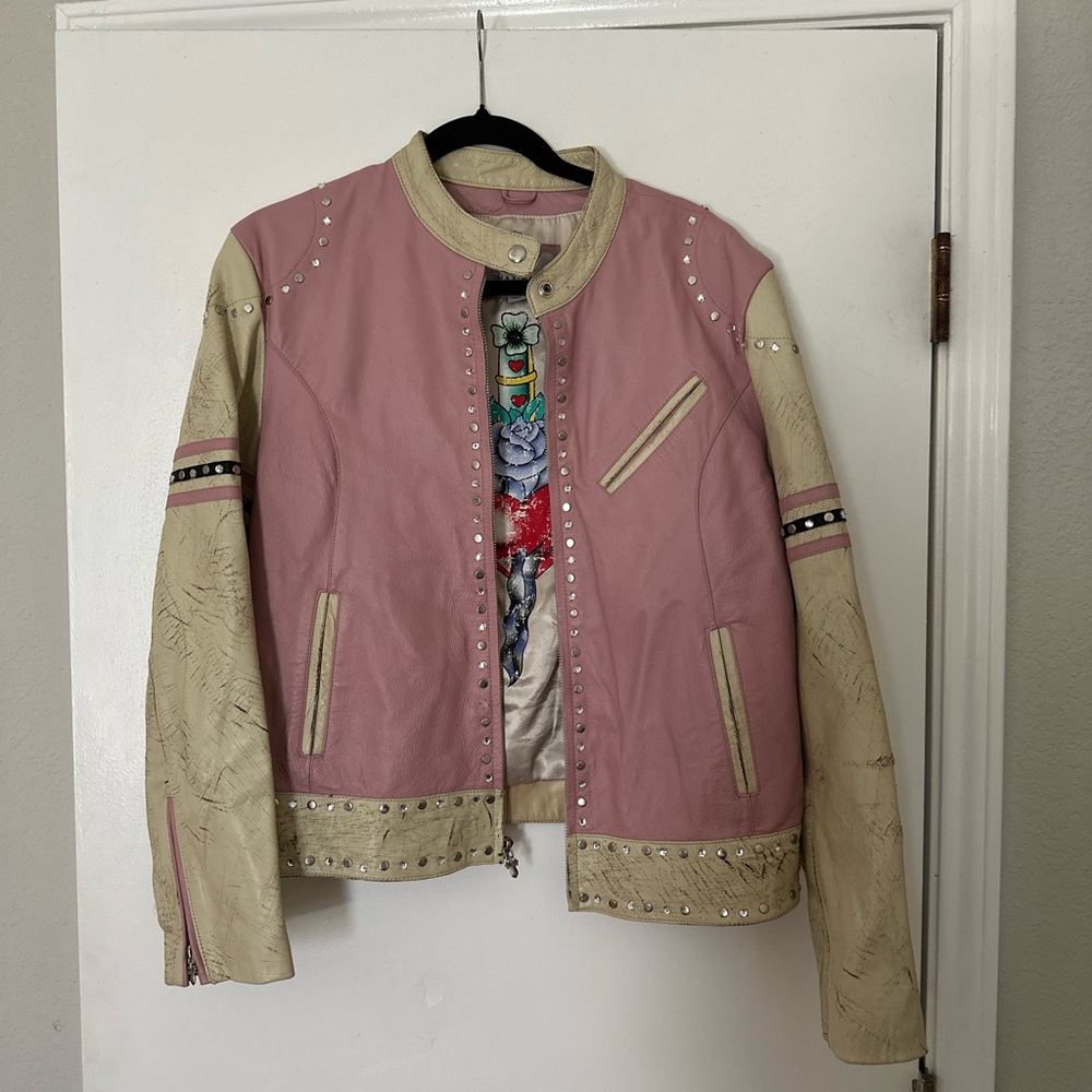 Wilson’s Leather Maxima pink and cream distressed leather jacket, size XL